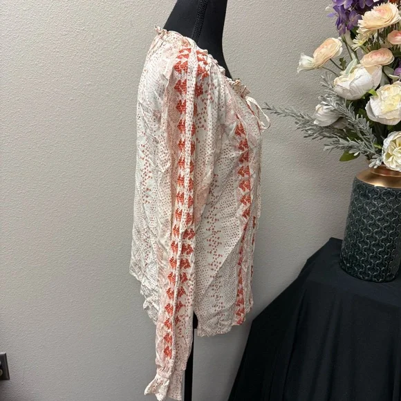 Savanna Jane Cream Rust Boho Peasant Blouse M Embroidered Print Fall Top - Picture 4 of 7